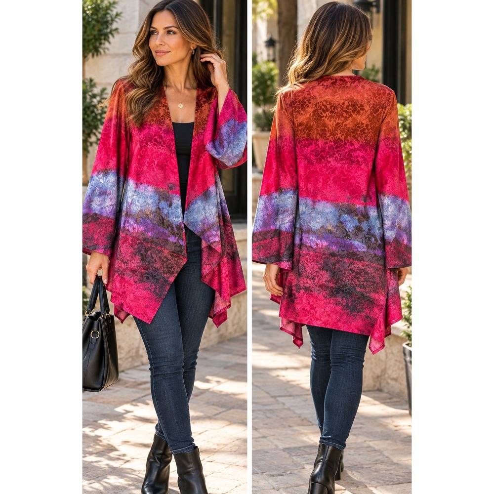 Soft Surroundings Red Ombre Damask Jacquard Open Front Cardigan 2X SEJ84